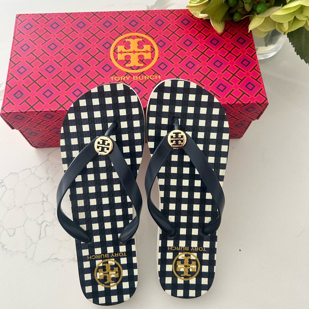 Tory Burch blue Checkered Flip Flops with gold hardware